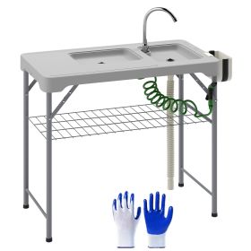 Outsunny Folding Fish Cleaning Table with Sinks, Portable Camping Sink Table with Faucet, Drainage Hose, Sprayer, Shelf, Drawer and Storage Basket