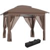 Outsunny 12' x 12' Pop Up Canopy Sun Shade Instant Tent Folding with Mesh Sidewall Netting, 3-Level Adjustable Height and Storage Bag, Khaki
